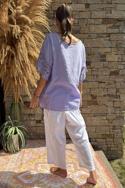 Made in Italy Old Town Pure Cotton Crochet Sleeve Top Lavender /29 = 